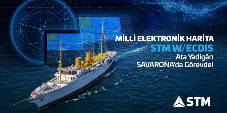 STM'nin geliştirdiği STMDENGİZ WECDIS milli elektronik harita sisteminin TCG Savarona'ya entegrasyonunu gösteren görsel