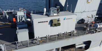 Rheinmetall and MBDA high-energy laser weapon system demonstrator mounted on a German Navy frigate for sea trials.