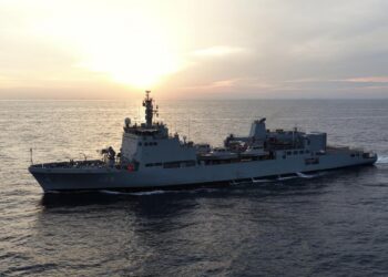 A side-view photograph of the Indian Navy’s indigenously built Survey Vessel (Large) (SVL) INS Ikshak (J23). The ship is seen sailing at sea.