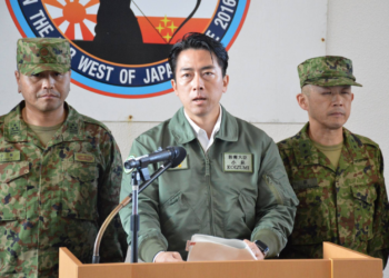 Japan’s Defense Minister Shinjiro Koizumi as he announces the missile deployment plans on Yonaguni Island.