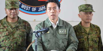 Japan’s Defense Minister Shinjiro Koizumi as he announces the missile deployment plans on Yonaguni Island.