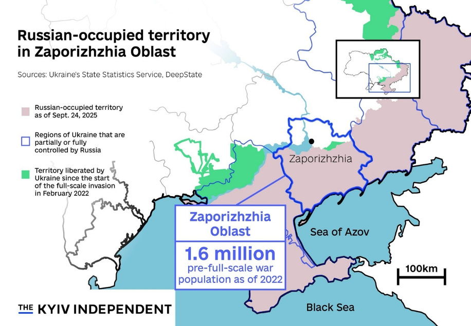 aporizhzhia Oblastı'ndaki Rus işgali altındaki (Eylül 2025 itibarıyla), Ukrayna tarafından geri alınan ve kısmen kontrol edilen bölgeleri gösteren harita.