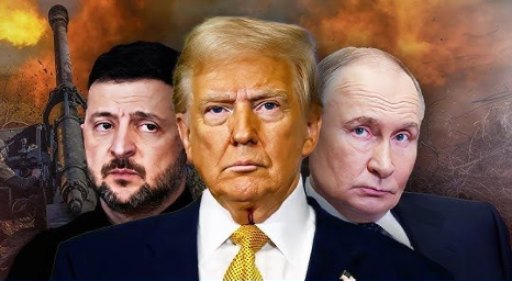 Rusya-Ukrayna Savaşı'nın ana aktörleri: Zelenski, Trump ve Putin, barış anlaşması ve savaş fonunda.