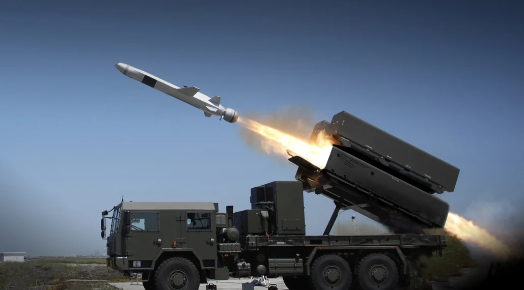Naval Strike Missile (NSM) coastal defense system missile launch test.