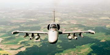 Czech Air Force Aero L-159 ALCA light combat aircraft with external fuel tanks and armaments.