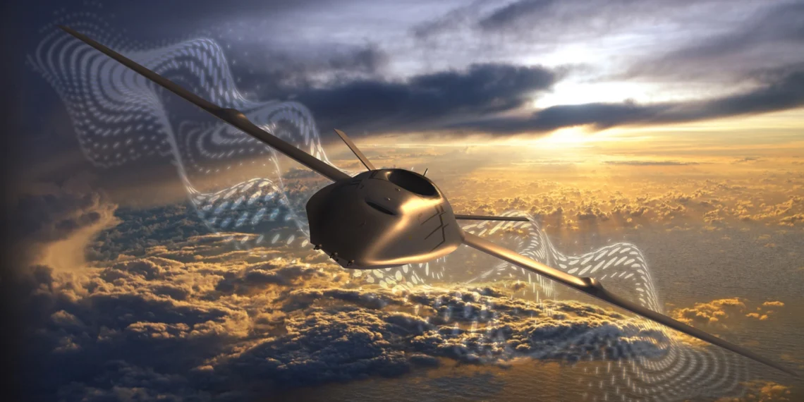 MQ-25 insansız hava aracı üzerinden MIDS JTRS ve Link 16 taktik veri bağı iletişimi illüstrasyonu.