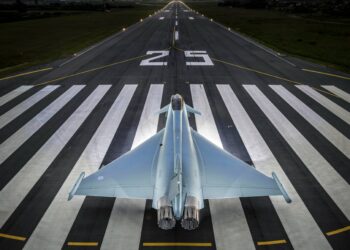 Royal Air Force (RAF) Eurofighter Typhoon fighter jet on the runway, part of a £650 million radar upgrade and investment program.