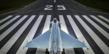 Royal Air Force (RAF) Eurofighter Typhoon fighter jet on the runway, part of a £650 million radar upgrade and investment program.