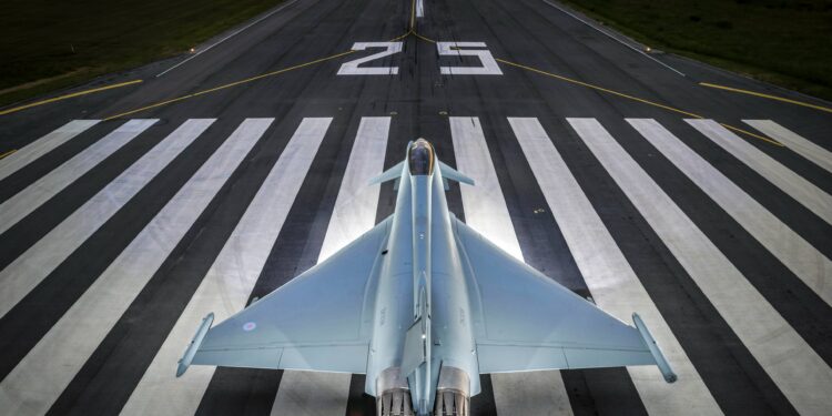 Royal Air Force (RAF) Eurofighter Typhoon fighter jet on the runway, part of a £650 million radar upgrade and investment program.