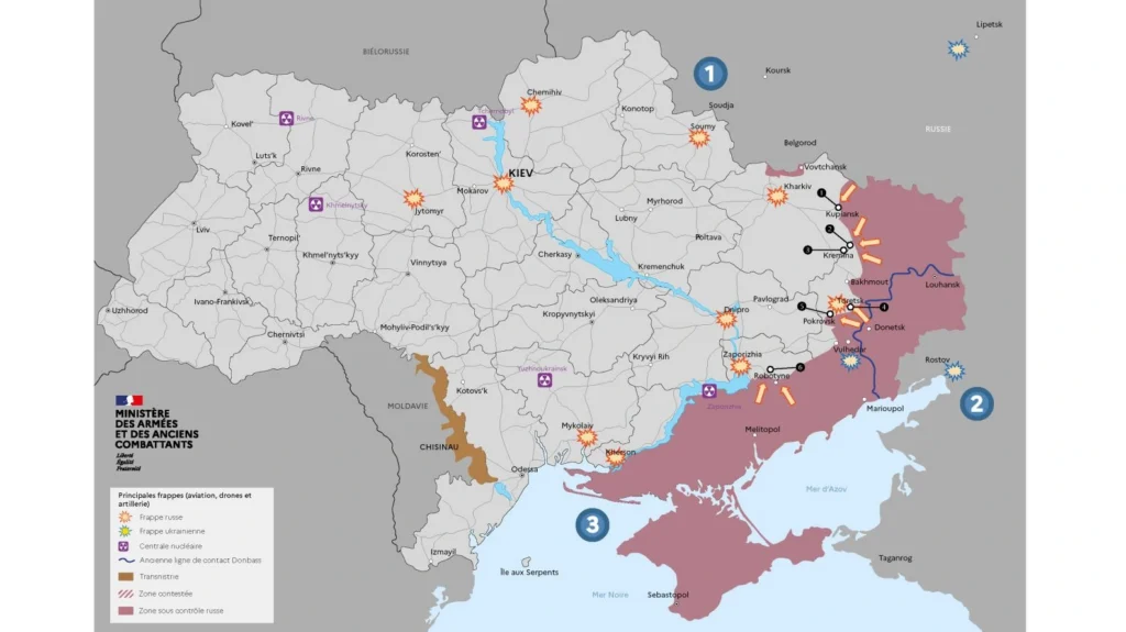 Ukrayna ve Rusya arasındaki cephe hatlarını, kontrol edilen bölgeleri ve stratejik saldırı noktalarını gösteren güncel askeri durum haritası.