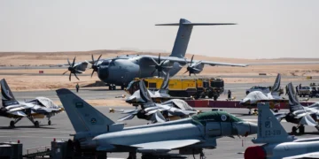 Airbus A400M military transport aircraft displayed at the World Defense Show in Saudi Arabia.