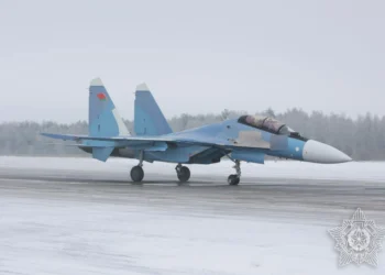 Close-up view of the new Su-30SM2 multirole fighter jet delivered to the Belarus Air Force, highlighting the engine nozzles and aerodynamic structure.