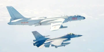 A Taiwan Air Force F-16 fighter jet intercepts a Chinese PLAAF H-6 bomber over the Bashi Channel in February 2020.