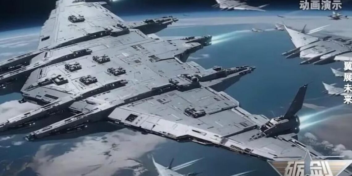 Çin'in Nantianmen Projesi kapsamında tasarlanan Luanniao uçan uçak gemisi ve Xuannü stealth insansız savaş uçakları konsept görseli.