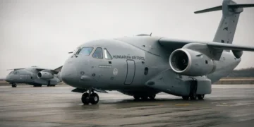 Hungarian Air Force C-390 Millennium aircraft on the flight line.
