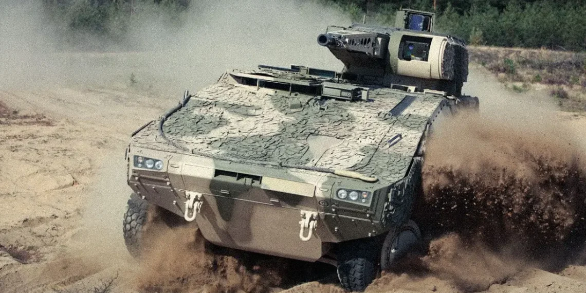 KNDS Boxer RCT30 zırhlı aracı arazide hareket halindeyken görülüyor.