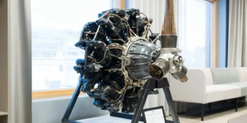 A rare Pratt & Whitney R-1535 Twin Wasp Jr engine, recovered from a lake after 85 years, on display at Patria’s new F-35 maintenance facility in Linnavuori