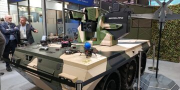 SARSILMAZ Remote Controlled Weapon System (RCWS) integrated on HT Division unmanned ground vehicle at Enforce TAC exhibition.