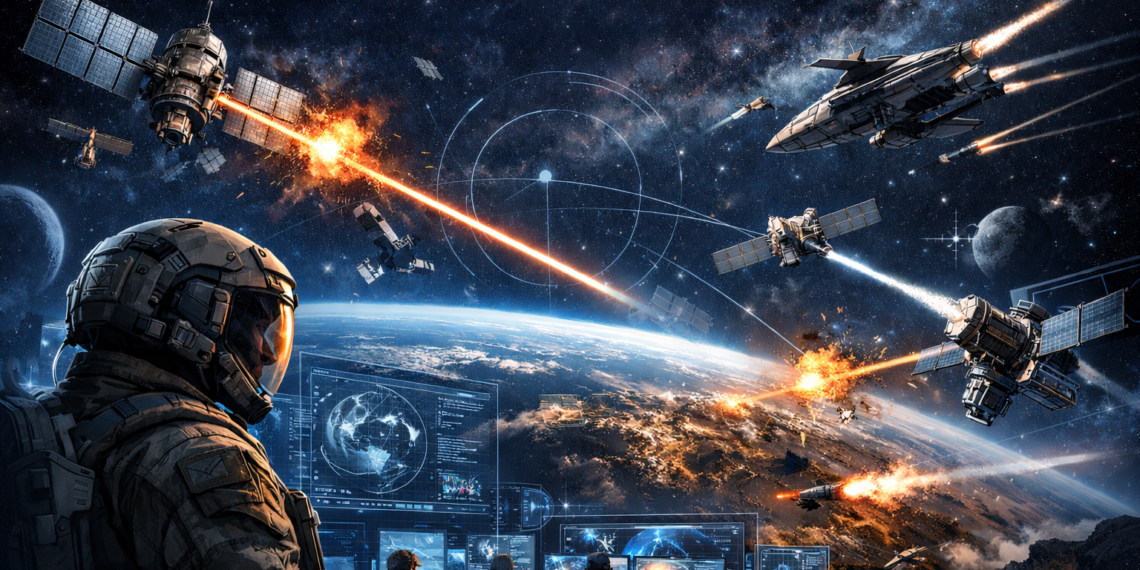 Uzayda gizli silahlanma ve askeri stratejileri temsil eden, uydular ve komuta kontrol merkezinin yer aldığı dijital illüstrasyon - C4Defence 153. Sayı