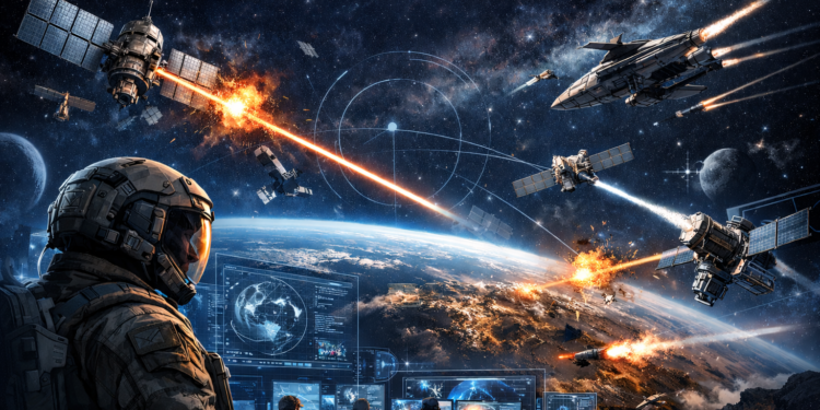 Uzayda gizli silahlanma ve askeri stratejileri temsil eden, uydular ve komuta kontrol merkezinin yer aldığı dijital illüstrasyon - C4Defence 153. Sayı