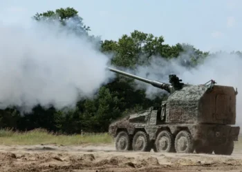 The RCH 155 Remote Controlled Howitzer system firing during trials for the British Army.