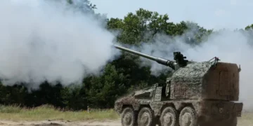 The RCH 155 Remote Controlled Howitzer system firing during trials for the British Army.