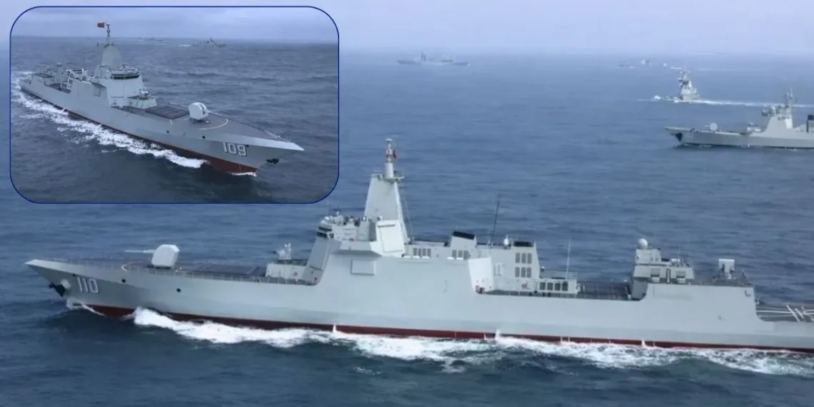 Çin Halk Kurtuluş Ordusu Donanması'na ait Tip 055 sınıfı Dongguan (109) ve Anqing (110) muhripleri denizde seyir halindeyken.