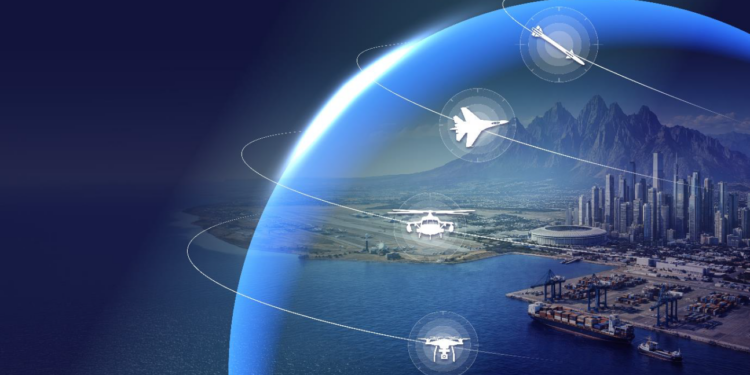 Thales SkyDefender AI-powered integrated air and missile defense system dome representation.