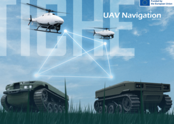 UAV Navigation-Grupo Oesía TICHE Project illustration showing UAV and UGV swarm coordination for threat detection.