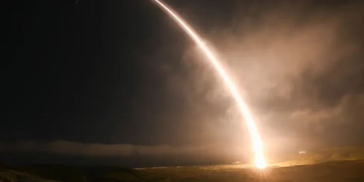 U.S. Air Force Minuteman III intercontinental ballistic missile test launch from Vandenberg Space Force Base.