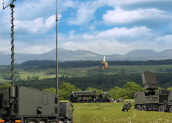 SAMP/T NG air defense system components featuring the Ground Fire 300 radar and Aster missile launcher in a field deployment.