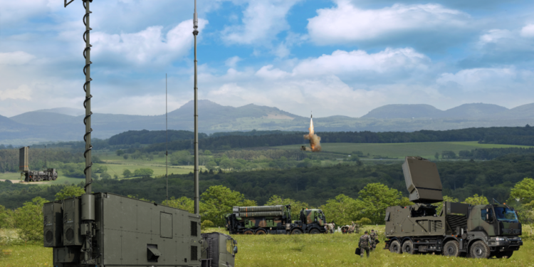 SAMP/T NG air defense system components featuring the Ground Fire 300 radar and Aster missile launcher in a field deployment.