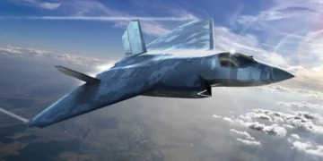 Digital rendering of the GCAP next-generation stealth combat aircraft flying above the clouds.