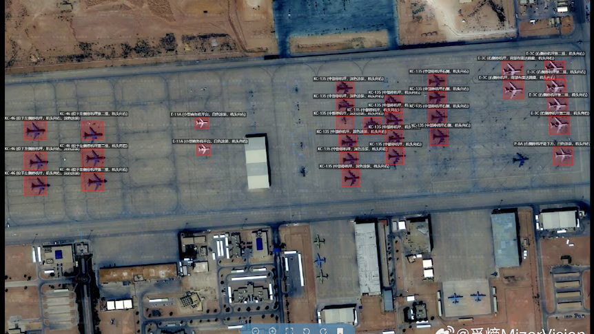 AI-powered satellite imagery from Chinese commercial companies showing detailed analysis of US military airbases in the Middle East.
