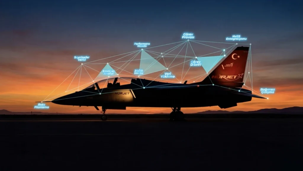 HÜRJET üzerinde Görev Planlama Sistemi (FSGP) kabiliyetlerini gösteren infografik; rota planlama, performans hesabı ve veri yükleme detayları.