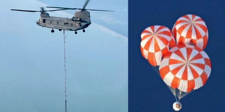 IAF Chinook helikopteri ile Gaganyaan Mürettebat Modülü paraşüt testi