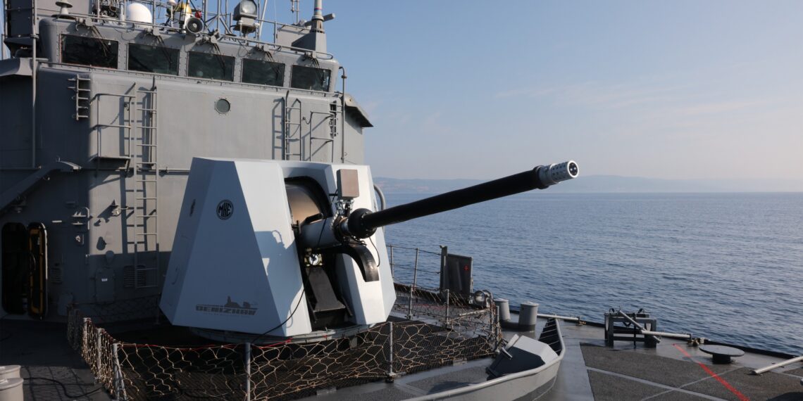 MKE 76mm DENİZHAN Naval Gun on Turkish Navy ship during operation