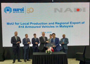 Nurol Makina and Nadicorp representatives signing the MoU for local production of 4x4 armoured vehicles at DSA 2026, Malaysia