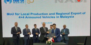 Nurol Makina and Nadicorp representatives signing the MoU for local production of 4x4 armoured vehicles at DSA 2026, Malaysia