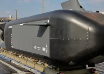 Close-up view of the Ghost Shark XL-UUV, an extra-large autonomous underwater vehicle for the Royal Australian Navy.