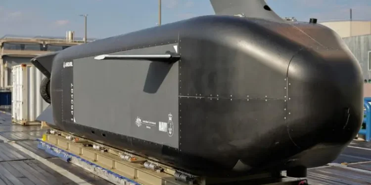 Close-up view of the Ghost Shark XL-UUV, an extra-large autonomous underwater vehicle for the Royal Australian Navy.