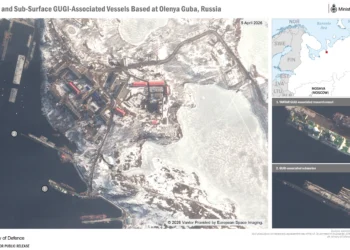Satellite imagery of Russian GUGI-associated vessels and Yantar research ship at Olenya Guba naval base, April 5, 2026