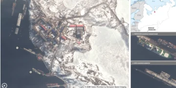 Satellite imagery of Russian GUGI-associated vessels and Yantar research ship at Olenya Guba naval base, April 5, 2026