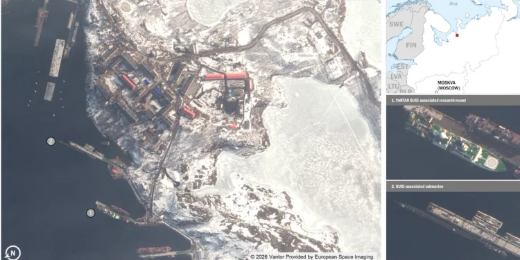 Satellite imagery of Russian GUGI-associated vessels and Yantar research ship at Olenya Guba naval base, April 5, 2026