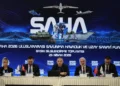 SAHA EXPO 2026 press briefing featuring Haluk Bayraktar and Turkish defense industry leaders.