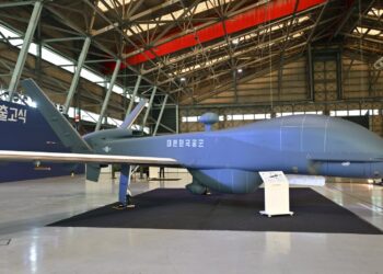 The first production model of South Korea's MUAV (Medium-Altitude Long-Endurance) unmanned aerial vehicle during the rollout ceremony.