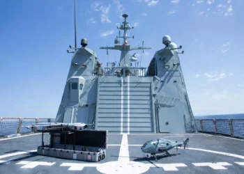 Airbus HTeaming exercise featuring Flexrotor and Alpha A900 UAVs on the flight deck of Spanish Navy OPV Rayo.
