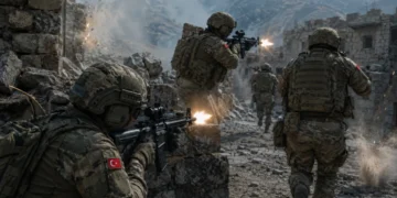 Bertuğ software, an AI-powered multi-domain operations tactical strategy simulation system, during the EFES-2026 exercise.