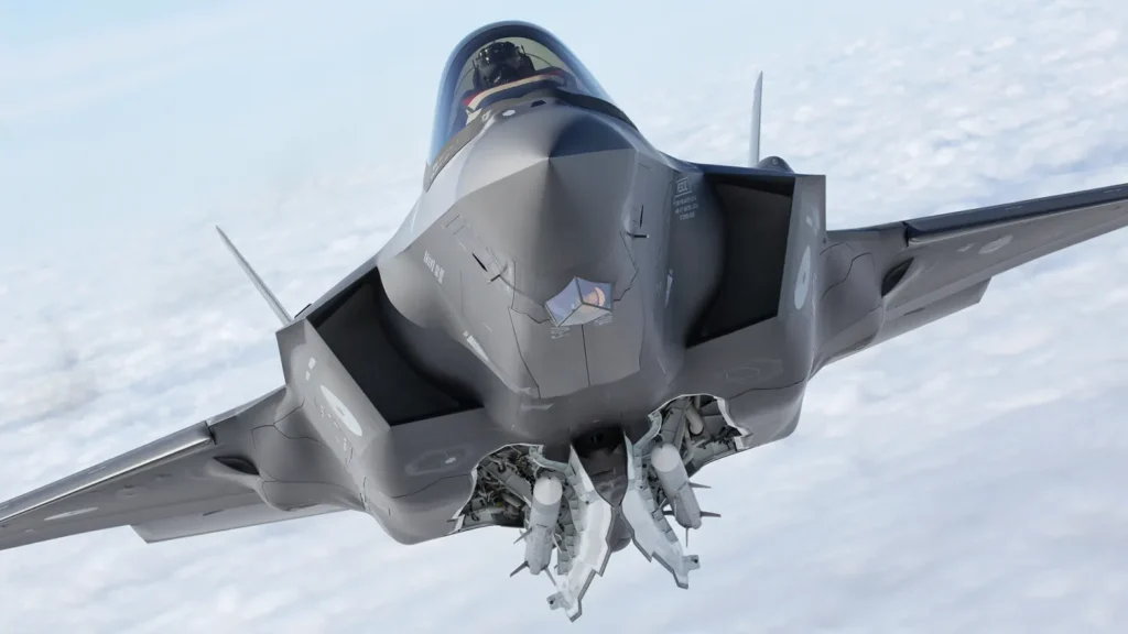 An operational F-35 Lightning II stealth fighter jet during flight, representing Belgium's future air combat capabilities.