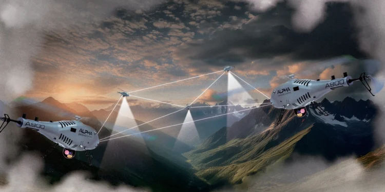 Conceptual illustration of the FENIX project displaying heterogeneous UAV swarm coordination and autonomous mission planning in a tactical environment.
